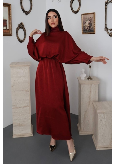 Maximodena Bordo Jakarlı Saten Elbise - Bordo