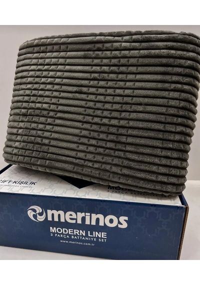 Merinos Çift Kişilik Battaniye Modern Line 3 Parça Set Gri Antrasit