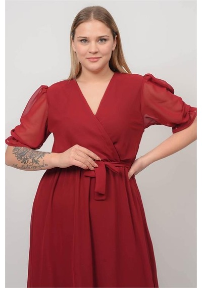 Dip Moda Kadın Astarlı Büyük Beden Şifon Elbise Dpnb8062 Bordo
