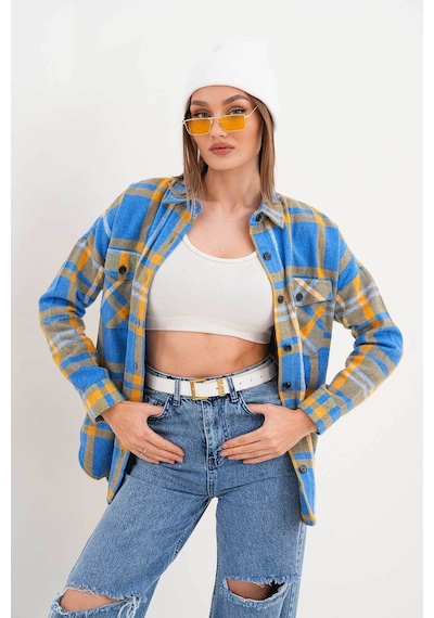 Polologin Butik Kadın Oduncu Mavi Sarı Çizgili Cepli Spor Kesim Gömlek Mavi