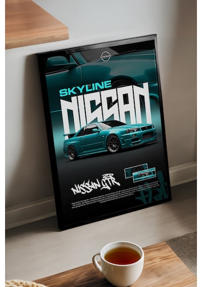 Nissan Gt-r Skyline Siyah Ahşap Çerçeveli Poster, Dekoratif Araba Duvar Tablosu
