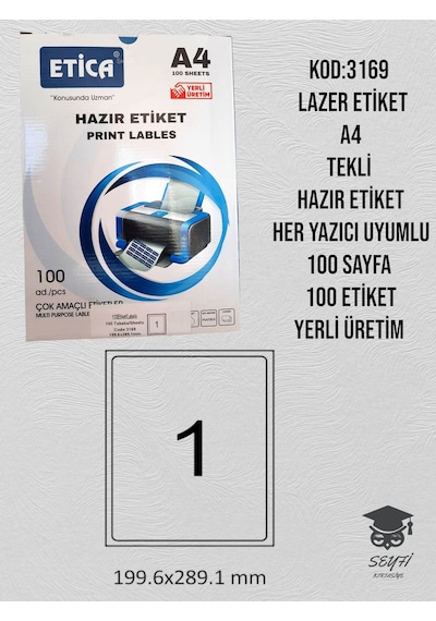 3169 Lazer Etiket A4 Tek Sayfa Hazır Etiket Her Yazıcı Uyumlu 100 Sayfa 100 Etiket Yerli Üretim