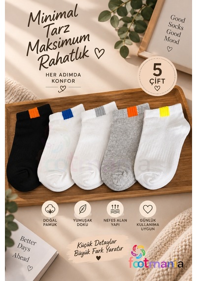 Footmania 5 Çift Kadın Yazlık Spor Patik Çorap Seti Beyaz