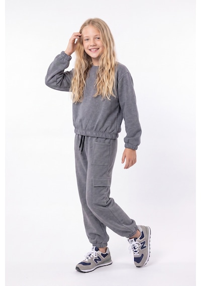 Fyk Kids 3 İplik Kız Çocuk Düz Kısa Bel Sweatshirt Bisiklet Yaka Eşofman Takımı Füme