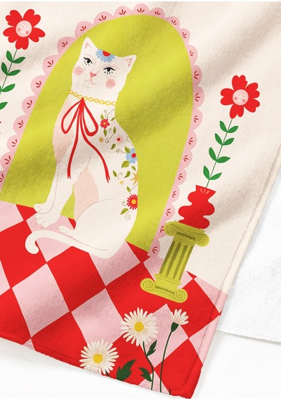 Kraliyet Kedi Figürlü Bohem Plaj Havlusu - Pembe Kırmızı Vintage Desenli Hızlı Kuruyan Havlu Gölgeli Mercan