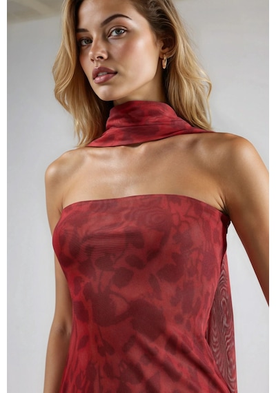 Hiccup Straplez Çiçek Desenli Tül Kuşaklı Bodycon Maxi Elbise Kırmızı