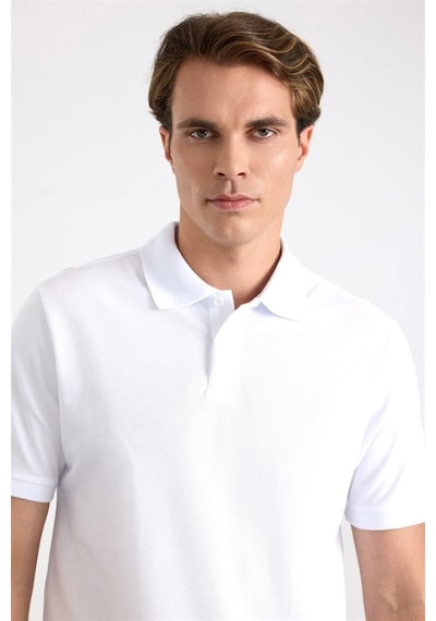 Süvari Beyaz Regular Düz Nakışlı Pike Düğmeli Polo Yaka Tişört Ts1014000473-bey