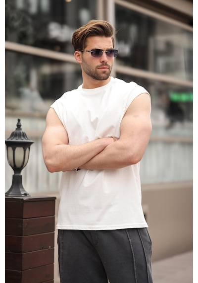 Madmext Ekru Kolsuz %100 Pamuklu Basic Erkek T-shirt E7137 Ekru