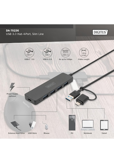 Usb Hub - 4 Bağlantı Noktası - Usb 3.0-4x Usb-a - 1x Usb-c Güç Konektörü - 5 Gbit/s'ye Kadar -