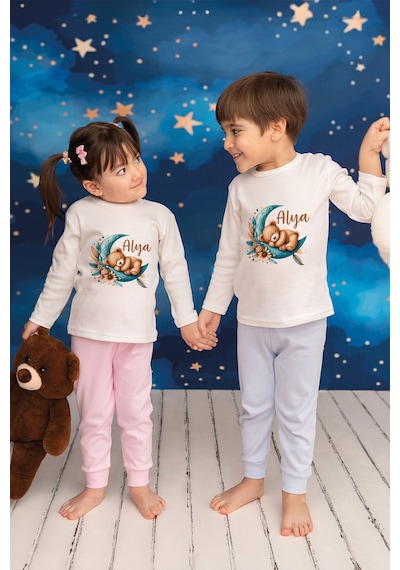 Pia Baby İsme Özel Kız Çocuk Pijama Takımı %100 Pamuk Penye İsim Baskılı Kişiye Özel Çocuk Pijaması 10121p14pi Krem