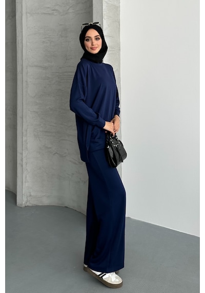 Feela Moda Kadın Modal Penye Oversize Tesettür Tunik Takım 2020 Lacivert