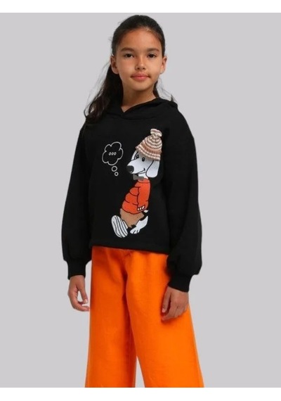 Kız Çocuk İçi Şardonlu Köpek Baskılı Kapüşonlu Sweatshirt-13615 Siyah
