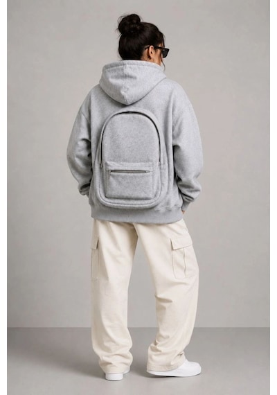Kadın 3 İplik Şardonlu Tam Fermuarlı Kapüşonlu Arka Çanta Detaylı Sweatshirt - Gri