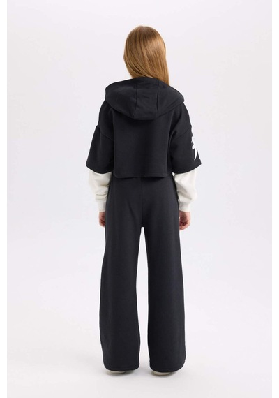 DeFacto Kız Çocuk 2'li Takım Bisiklet Yaka Baskılı Sweatshirt Beli Lastikli Jogger Eşofman Altı D4066A824WNBK26 Siyah