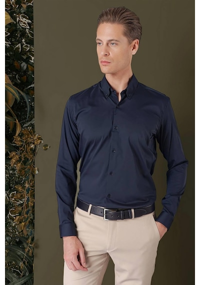Efor Slim Fit Düğmeli Yaka Esnek Pamuk Klasik Lacivert Gömlek Gk 708 Lacivert