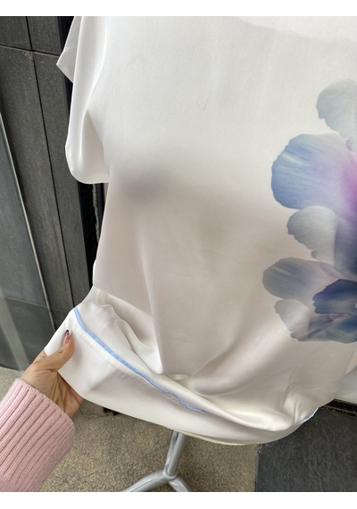 Pera Moda Büyük Beden Baskı Desenli Kısa Kollu Bluz Gömlek Mavi