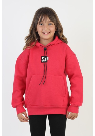 Kapüşonlu Art Baskılı Kanguru Cepli Kız Çocuk Sweatshirt-90847 Fuşya