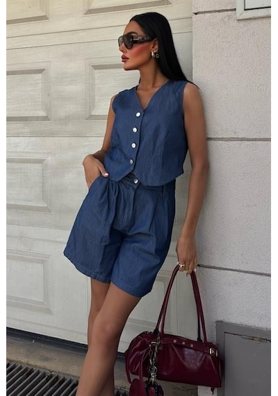 Moderie Butik Gümüş Düğmeli Yelek Ve Şort Tensel Takım 10174 Koyumavi