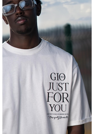 Bisiklet Yaka Lu Baskılı Oversize Geniş Model T-Shirt Beyaz