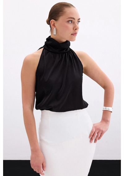 Sateen Boğazlı Kolsuz Bluz - Düz Siyah Düz Siyah
