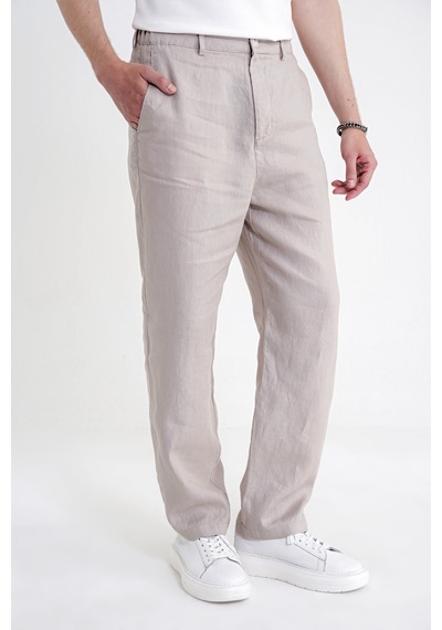 Oversize Kalıp Yan Cep Beli Lastikli Taş Keten Pantolon P 1216