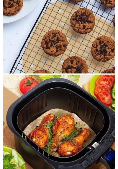 50 Adet Air Fryer Pişirme Kağıdı Tek Kullanımlık Hava Fritöz Yapışmaz Yağlı Kağıt Delikli Model Kahverengi