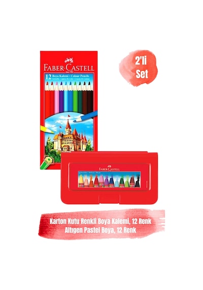 12 Renk Karton Kutu Kuru Boya Kalemi Ve 12 Renk Altıgen Pastel Boya 2'li Set Kırmızı
