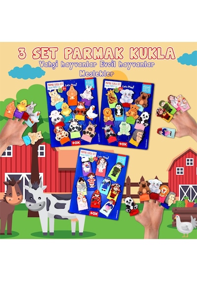 3 Set - 30 Parça Tox Evcil Vahşi Hayvanlar ve Meslekler Parmak