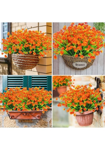 6lı Set Yapay Çiçek Sazlı Lotus Turuncu Renk 7 Dal Plastik 30cm