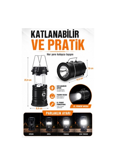 2 Adet Şarjlı Solarlı Kamp Lambası El Feneri Powerbank Özellikli Taşıma Kulplu Siyah 5800t