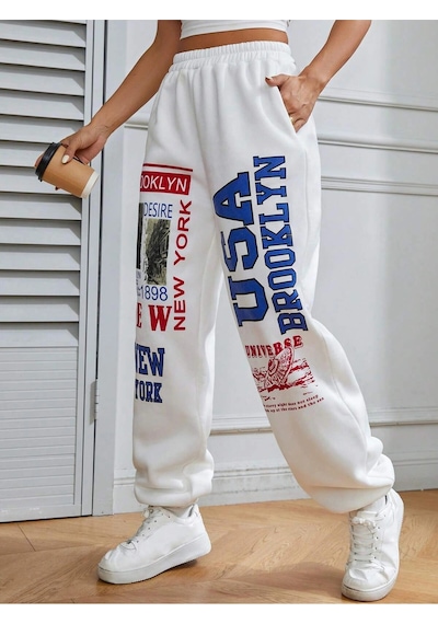 Coolane Letter Graphic Elastic Waist 4 Mevsim Eşofman Beyaz