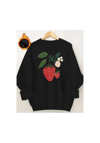 Herkesemoda Çilek Baskı Detaylı Bisiklet Yaka Sweatshirt Siyah