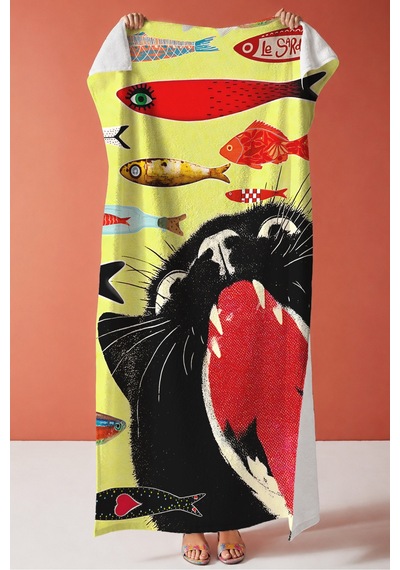 Kedi Balık Figürlü Plaj Havlusu - Akdeniz Pop Art Sarı Kırmızı Hızlı Kuruyan Mikrofiber Havlu Sisli Kumul