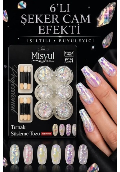 Misyul Şeker Cam Efekti Tırnak Süsleme Tozu Seti Kristal Yansımalı Nail Art Seti 6'lı