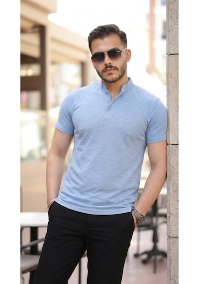 Efnaz Style Erkek Hakim Yaka Dokuma Pamuklu Kumaş Kısa Kollu Tişört Bebe Mavisi