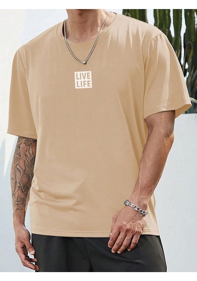 Flood Of Style Unisex Siyah Oversize Bisiklet Yaka %100 Pamuk Live Life Baskılı Bej
