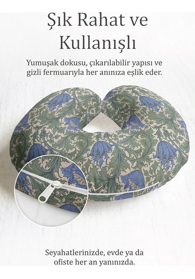 Vintage Çiçek Desenli Pamuklu Boyun Yastığı - Klasik Mavi Yeşil Yumuşak Seyahat Yastığı Toprak Aqua