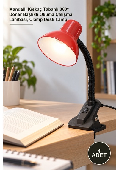 4 Adet Elektrikli Masa Lambası Mandallı Kıskaç Tabanlı 360 Döner Başlıklı Okuma Çalışma Lambası, Clamp Desk Lamp