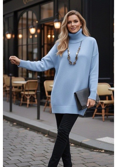 Asprin Fashion Degaje Yaka Triko Bluz Mavi + Hediye Kolye Mavi