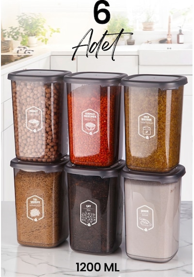 Kitchen Life 6'lı Etiketli Square Kare Erzak Saklama Kabı Seti 1200 ML - Sert Kapaklı Düzenleyici Kavanoz Antrasit - Siyah