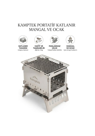 Kamptek Pratik Katlanır Kamp Mangalı Ve Odun Ocağı - Yer Kaplamayan Hafif Taşınabilir Bahçe Piknik Izgarası Gümüş