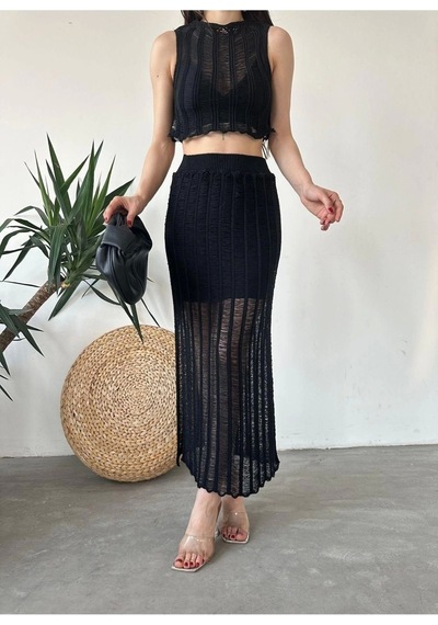 Ersefa Moda Ajurlu Bisiklet Yaka Casual Günlük Ekru %100 Pamuk Ajurlu De siyah