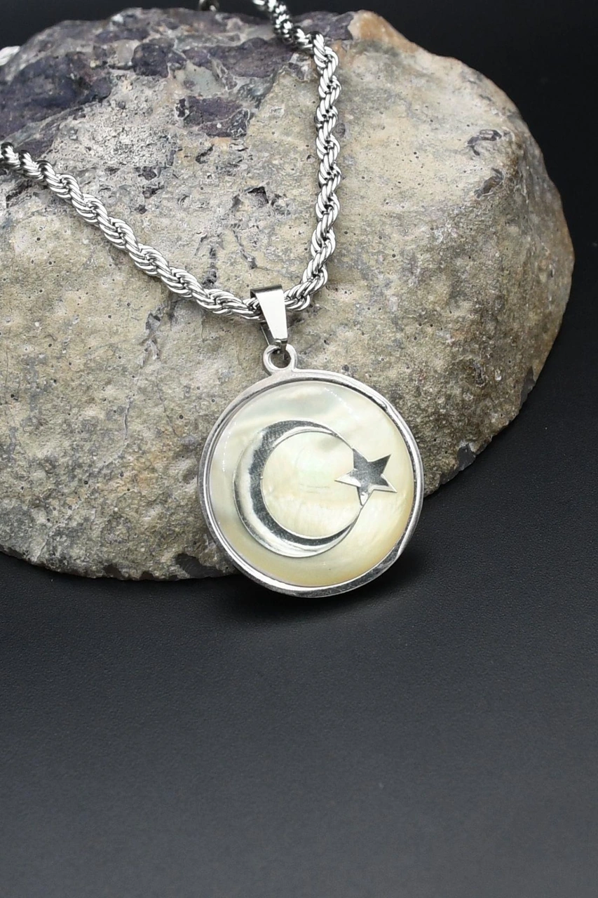 Ay Yıldızlı - Ay Yıldız Kolye Paslanmaz Çelik Zincir 3mm 902303 Gümüş