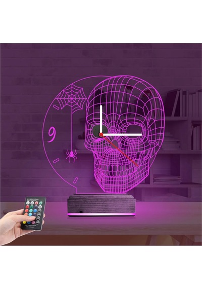 Luvivia Kuru Kafa İskelet Saatli 3d Lamba - Masa Gece Lambası Şeffaf