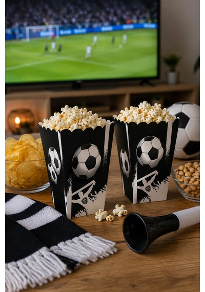 Mısır Kutusu Popcorn Kutusu 8'li Taraftar Siyah Beyaz 7.5x11 Cm Maç Parti Atıştırmalık Kutusu