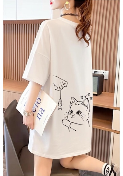 Fish And Cat Kadın Oversize Basic Bisiklet Yaka Pamuklu T-shirt Rahat Kesim Unisex Beyaz