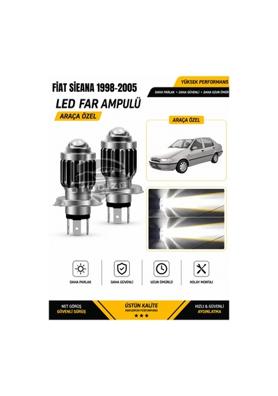 Fiat Sieana 1998-2005 H4 Led Far Ampulü Beyaz Işık Canbus Mini Lensli 2'li Set