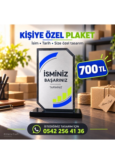Kişiye Özel Füme Kristal Cam Plaket 12x19 Cm İsimli Ve Tarihli Başarı Ödülü Almera Craft 12 19