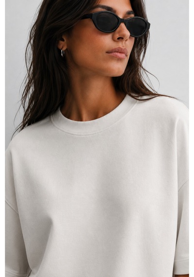 Modivibe Kadın Oversize T-shirt Kalın Dokulu %100 Pamuk Geniş Kesim Beyaz