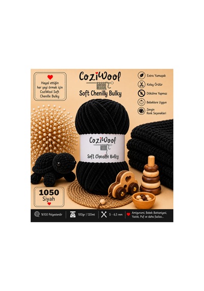 Kadife İp Soft Chenille Bulky 5'li Paket 5x100 Gr 120 Mt El Örgü İpi Siyah - 875823131